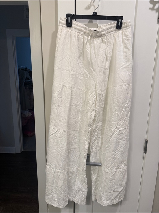 SHEIN Pants - Womens White Elastic-Waist Ruffled Hem Pants